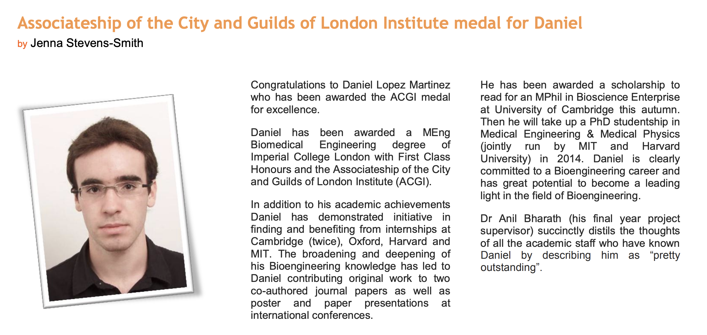Article about Daniel Lopez-Martinez receiving the ACGI Medal for Excellence from the Faculty of Engineering at Imperial College London in 2013.