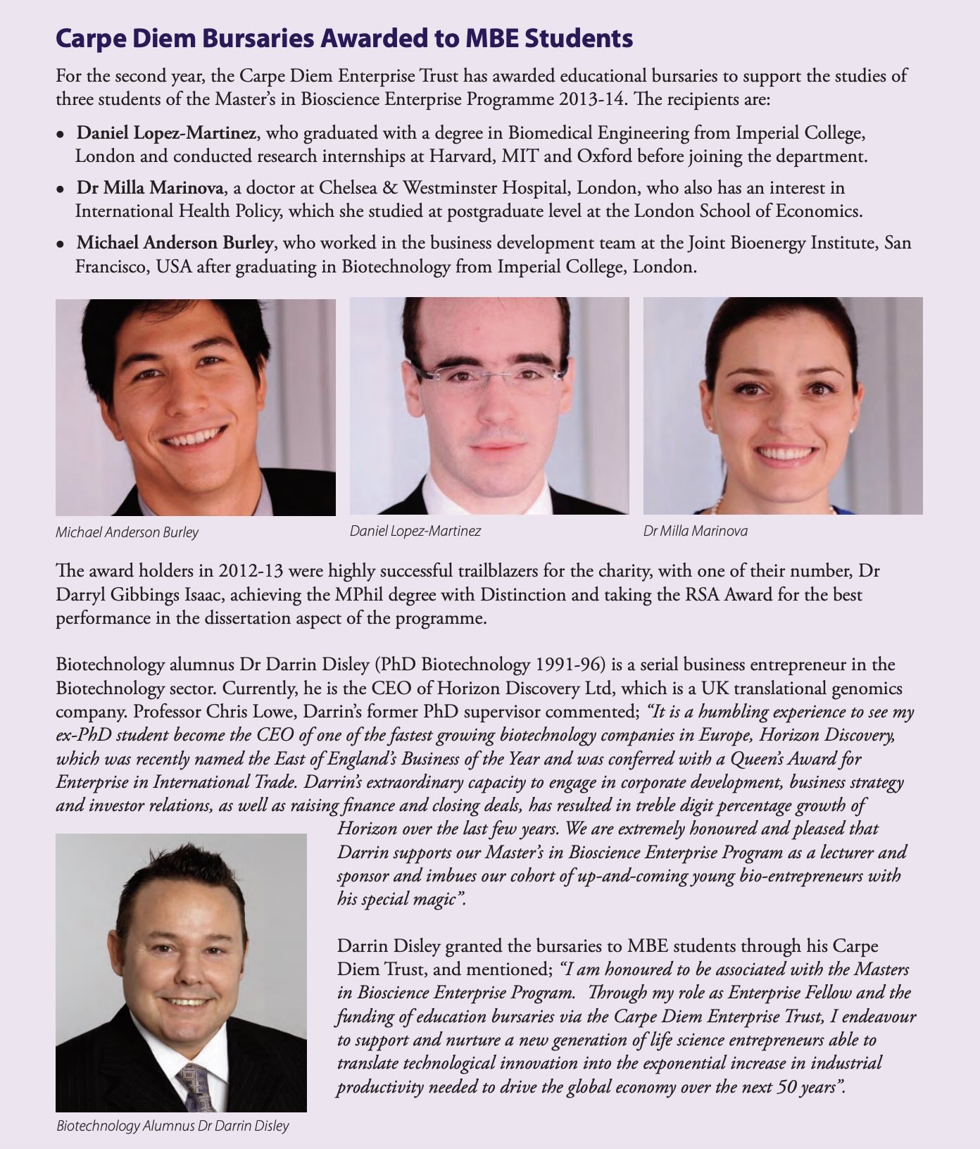 Article in the CEB Focus newsletter about Daniel Lopez-Martinez receiving the Carpe Diem Enterprise Trust Bursary at the University of Cambridge in 2014.