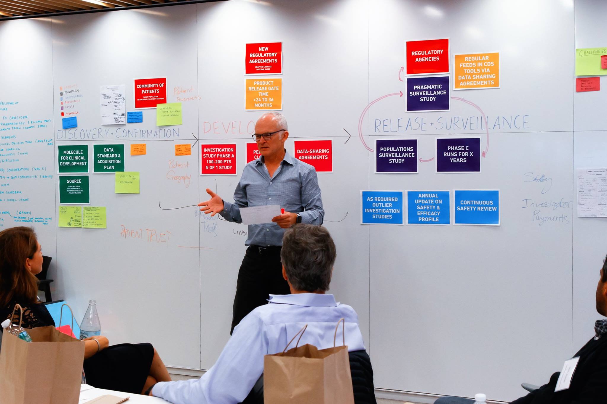 Industry workshop participant speaking during the drug development symposium at the MIT Media Lab, with a whiteboard behind them.