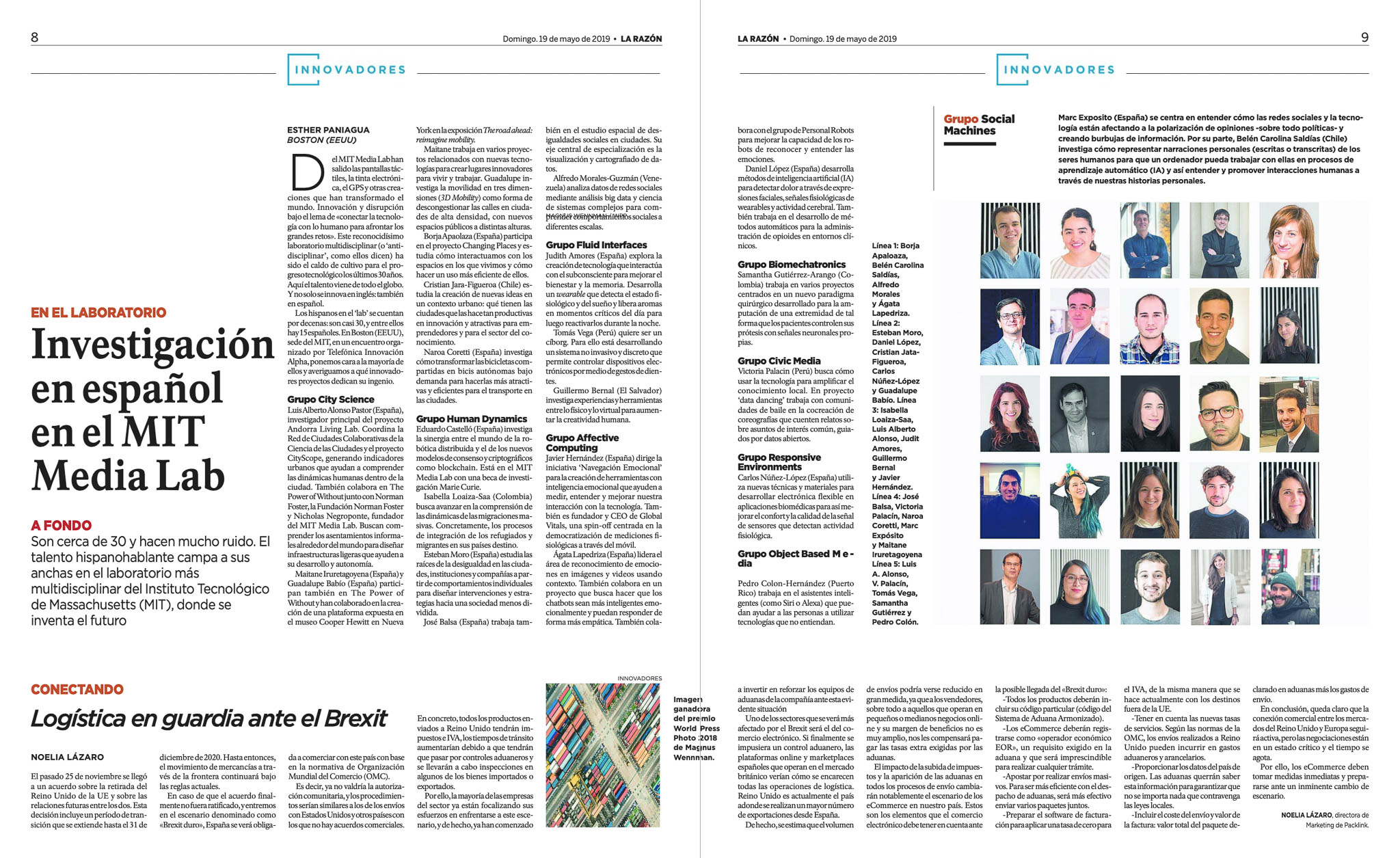Double-page spread in La Razón's Innovadores supplement featuring Daniel Lopez-Martinez and other Spanish-speaking researchers at the MIT Media Lab, May 2019.