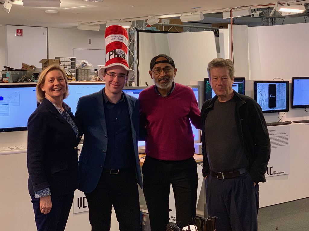 Daniel Lopez-Martinez with his PhD thesis committee after his defense at MIT: Professor Rosalind Picard, Daniel Lopez-Martinez, Professor Emery Brown, and Professor David Borsook.