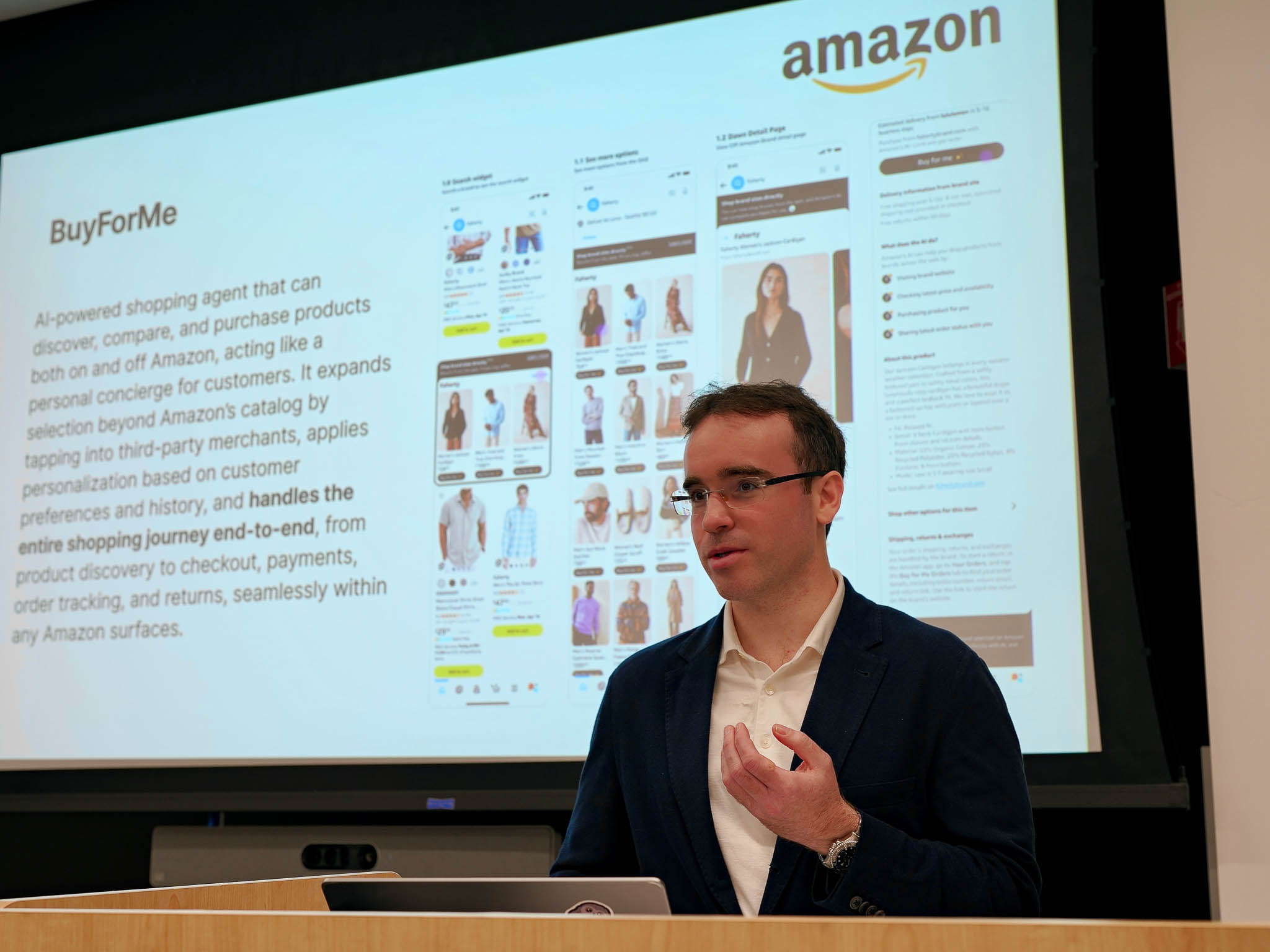 Daniel Lopez-Martinez at a podium presenting on agentic AI systems at the Amazon North America Stores GenAI Learning Series. The slide behind him shows his work on Buy for Me, an agentic computer use model for shopping.